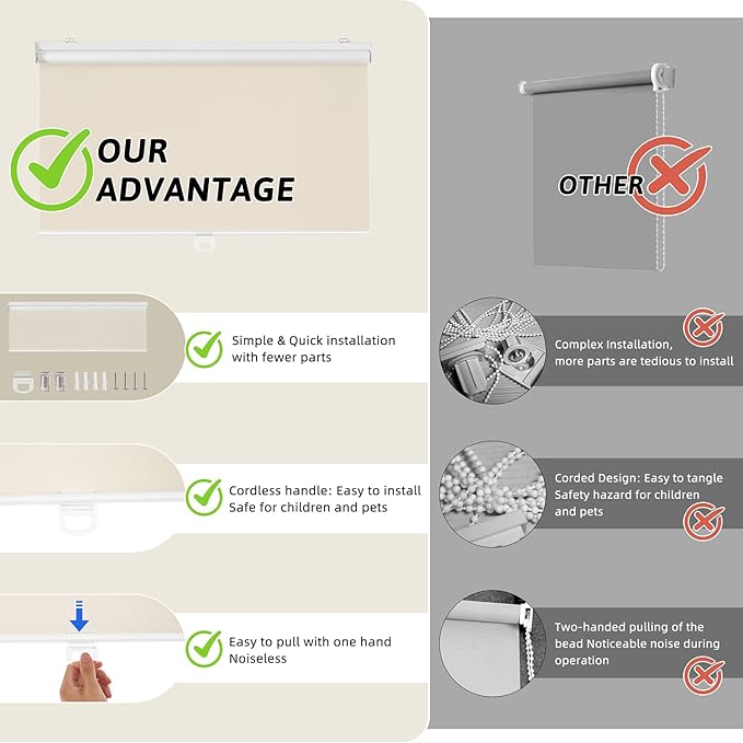 ChrisDowa Cordless Blackout Roller Shades for Windows, Thermal Insulated UV Protection Pull Down Shades, Total Blackout Window Blinds for Home, Office, Bedroom, Door (20" W x 72" H, Beige)