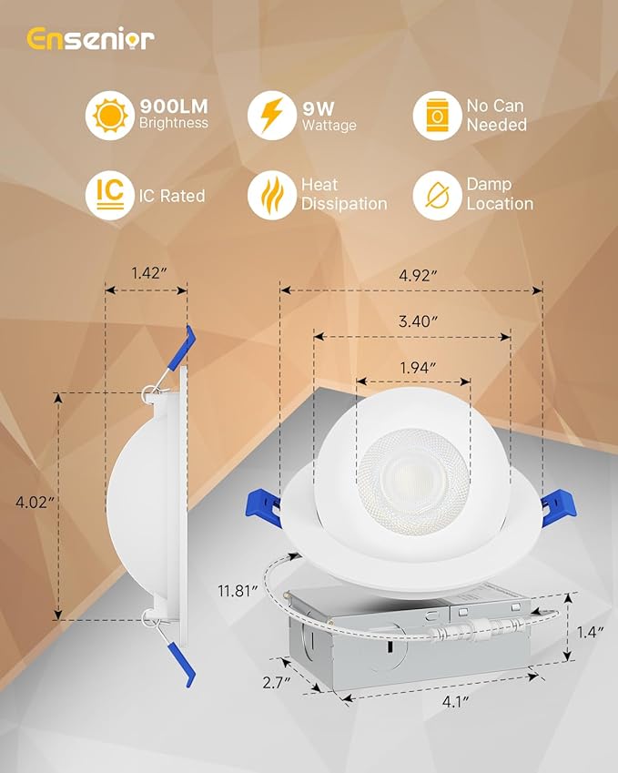 Ensenior 6 Pack 4 inch Gimbal Led Recessed Light with Junction Box, 90° Adjustable Directional Eyeball Lighting, Dimmable, 2700K/3000K/3500K/4000K/5000K, 900LM, 9W=100W-FCC Certified