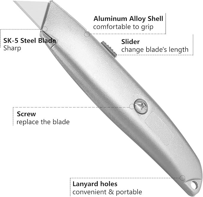 DIYSELF 30 Pack Box Cutter Heavy Duty Aluminium Shell Utility Knife | SK5 Steel Sharp Blade | Retractable Knife for Cutting Cartons Ropes and Cardboard | Home and Office Use (Silver)