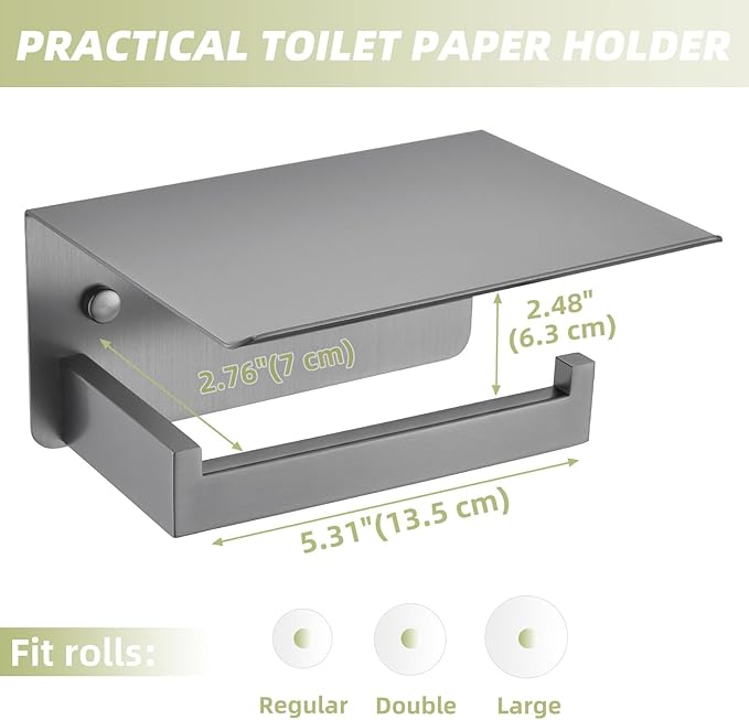 APLusee Toilet Paper Holder with Phone Shelf Gunmetal Gray, 304 Stainless Steel Rustproof Wall Mounted Heavy-Duty, Space-Saving for Modern Bathrooms