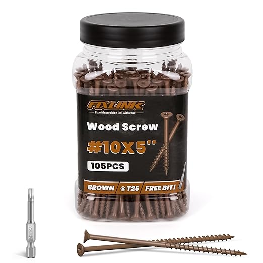 Wood Screws 5 Inch, FIXLINK Deck Screws #10 x 5, 105 PCS, Epoxy Coated, T25 Star Bit Above 1500 Hour Salt Spray Coating Outdoor Decking Screws Excellent Rust Resistant for Wood Fence, Brown