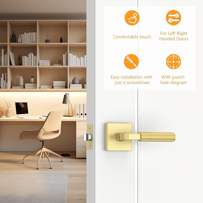 Amerdeco 1 Pack Brushed Gold Passage Door Handles,Heavy Duty Non-Locking Door Lever for Hall, Closet,Office Area, Shopping Malls AM0021