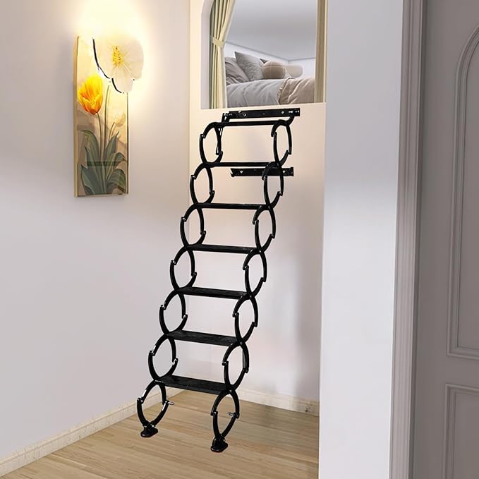 7 Steps Wall Mounted Attic Ladder, Indoor Attic Stairs Pull Down System, Metal Telescoping Step Ladders, Anti-slip Retractable Folding Stair, Loft Extension Steps Staircase for Garages(black, 7 Steps)