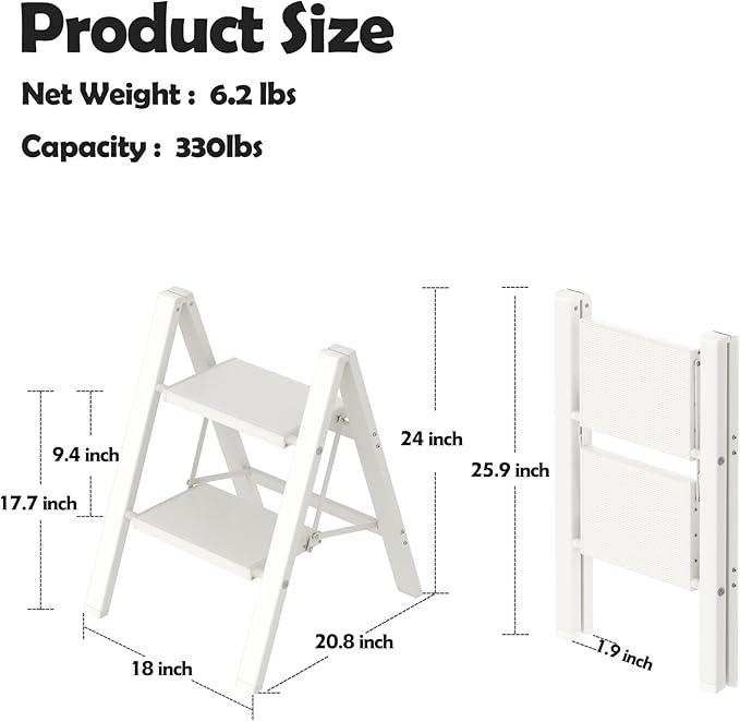 Taranta 2 Step Ladder,Aluminum Lightweight Folding 2 Step Stool with Anti-Slip Wide Pedal, 330lbs Capacity Step Ladder for Household,Kitchen,Office - White