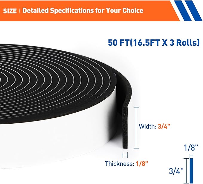 MAGZO Weather Stripping Door Seal, 3/4 Inch Wide X 1/8 Inch Thick Adhesive Foam Tape Soundproof Weatherstripping for Windows, 3 Rolls Total 50FT Black