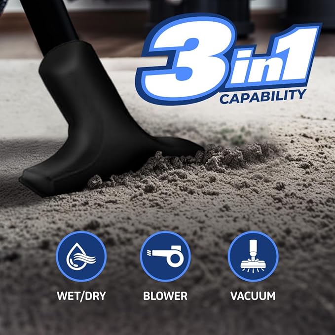 Koblenz WD-2.5L Portable Wet Dry Vacuum, 2.5-Gallon 2.5 PHP Suction Plus Blower Vacuum Cleaner for Liquids, Dust, Pet Hairs, 10’ Reach, For Car Cleaning, Wall-Mount Support, Parts Included, Blue/Black