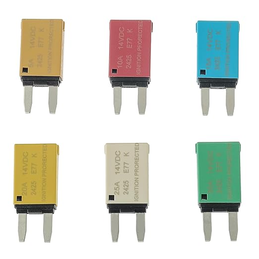 BOJACK ATM Auto Reset Fuse Low Profile Mini Blade Fuses T1 14V DC 5A 10A 15A 20A 25A 30A Amp Automotive Circuit Breaker Fuses Boat Marine RV Car Truck (6 pcs Mixed