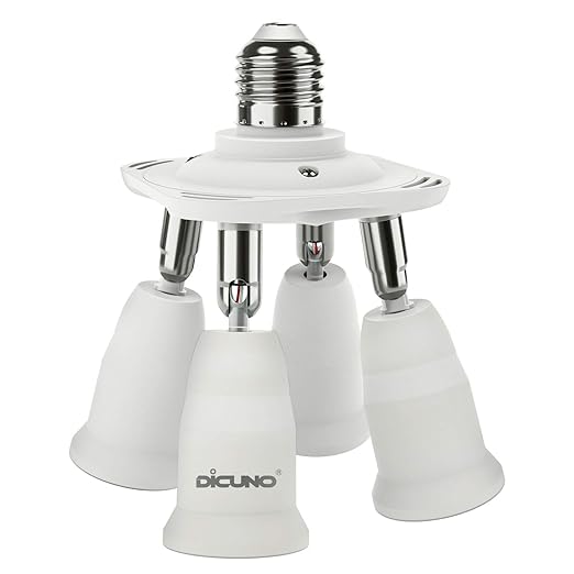 DiCUNO 4 in 1 E26 Light Socket Splitter Adapter, Standard Base LED Bulbs Converter, 360 Degrees Adjustable 180 Degree Bending, 4 Way Bulbs Socket Holder