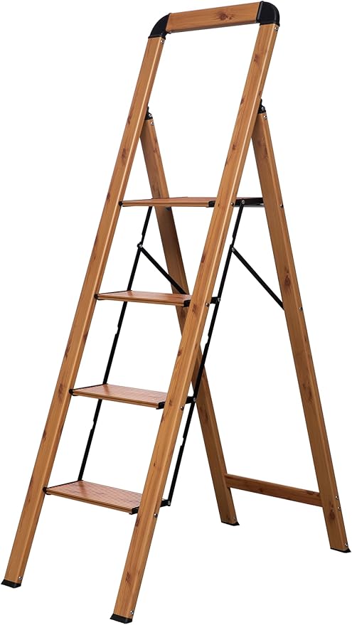 Step Ladders 4-Step Woodgrain Finish Aluminum Folding Step Stool Wide Pedal,Anti-Slip Portable Sturdy for Home & Kitchen Office 330 lbs
