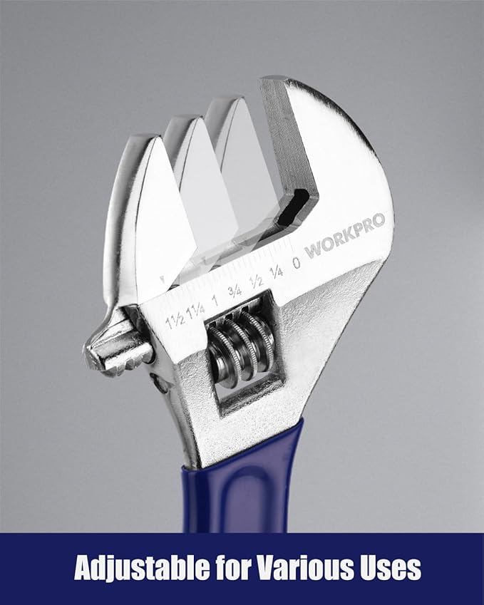 WORKPRO 4-Piece Adjustable Wrench Set (6", 8", 10", 12") – Heavy-Duty, Wide Jaw Wrenches with Laser-Etched Metric & SAE Scales, Comfortable Grip for Automotive, Plumbing & Repairs