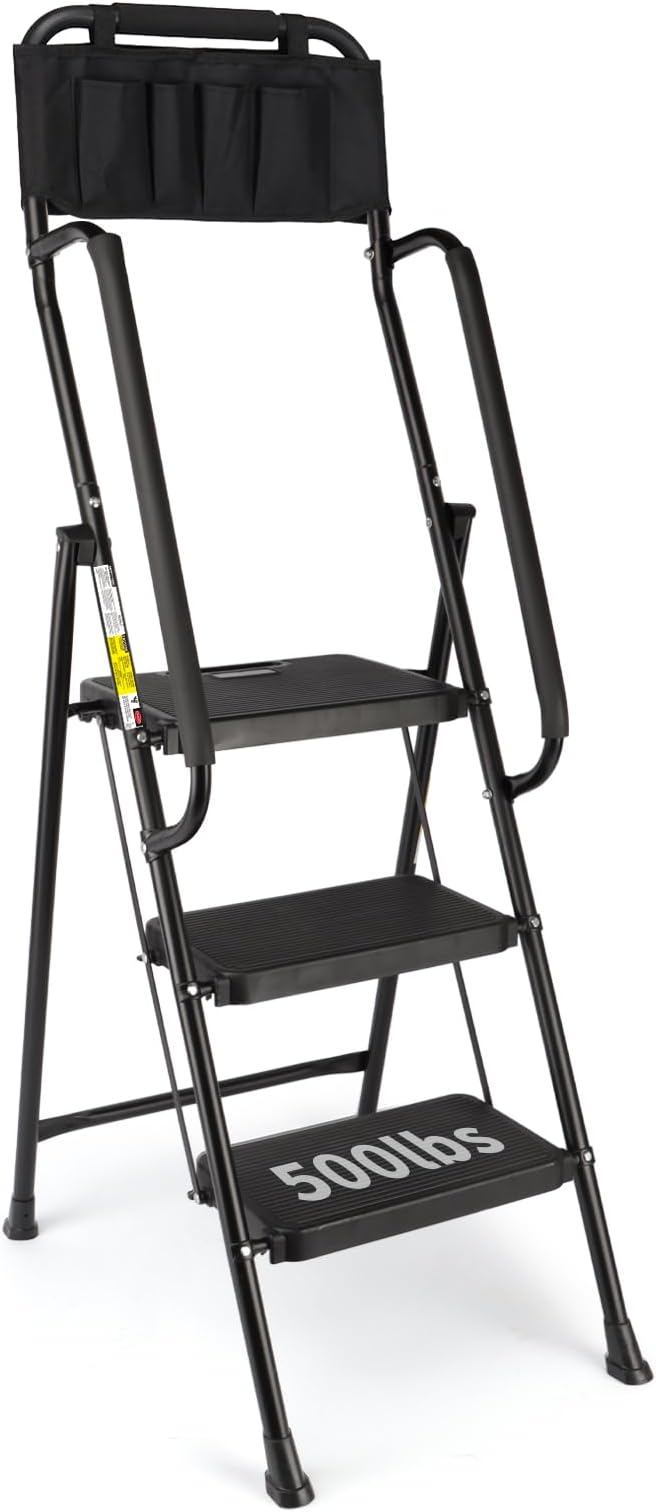 Valeo 3 Step Ladder with Handrails,500 Lbs Capacity,Folding Step Stool Ladder with Attachable Tool Bag,Lightweight & Storage Step Ladder 3 Step Folding,Multi-use for Home,Kitchen,Office,Black