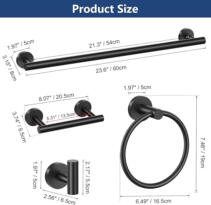 TQKAG Matte Black 5 Piece Bathroom Hardware Accessories Set 23.6" SUS304 Stainless Steel Bathroom Towel Bar Holder Sets Double Post Pivoting Toilet Paper Holder Set Wall Mounted