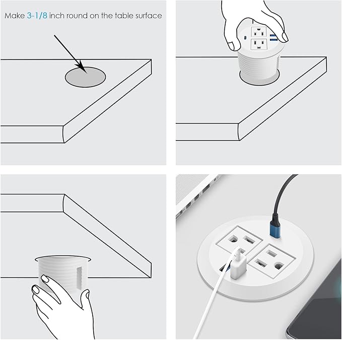 3 inch Desktop Power Grommet USB C,20W Fast Charging Station,Furniture Recessed Power Strip,2 Outlets,3 USB Ports,Flush-Mount for Desktop, Workspace Essential Desk Outlet,2 Pack (White)