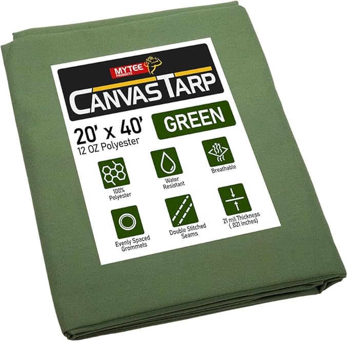 Mytee Products 20' x 40' 12oz Green Canvas Tarp with Grommets - Water Resistant - Heavy Duty Canvas Tarps - Multipurpose Tarpaulin Cover for Canopy Tent, Roof, Camping, Semi Trucks & Cargo