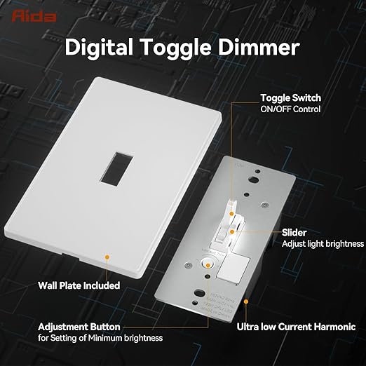 AIDA Digital Toggle Dimmer Switch for Dimmable LED, CFL & Incandescent Bulbs, Single Pole/3-Way, Screwless Wall Plate Included, UL Listed, No Neutral Wire Needed, Matte White (2 Pack)