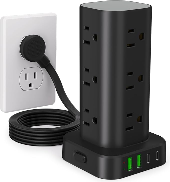 Power Strip Tower with Multiple Outlets, Flat Plug Surge Protector Tower Extension Cord with 12 AC Outlets 4 USB Ports (2 USB C), 6FT Cord Power Tower Surge Protector for Home Office Dorm Room, Black