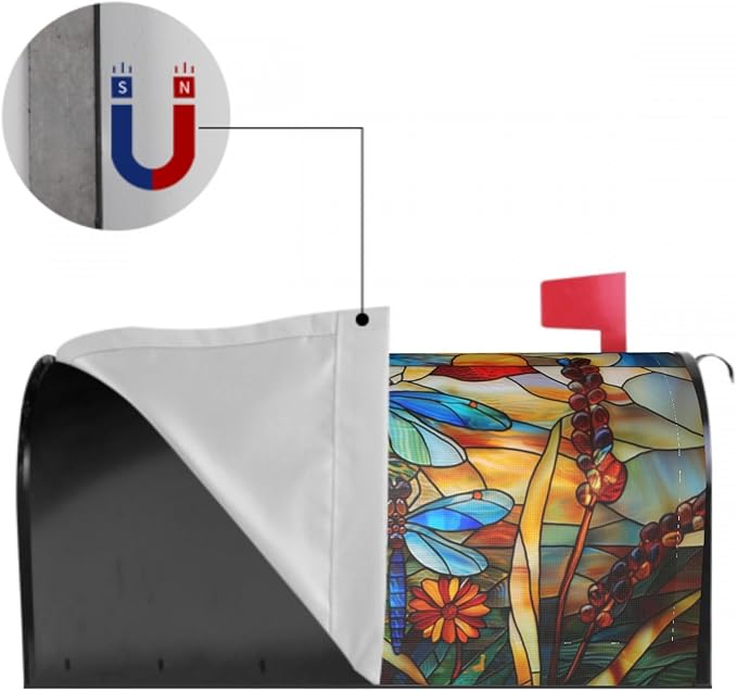 Stained Glass Dragonfly Mailbox Covers Fall Mail Box Post Wrap Magnetic Large Size 25.5 X 21 Floral Spring Summer Mailing Boxes Seasonal Decorations for Autumn Thanksgiving Decor