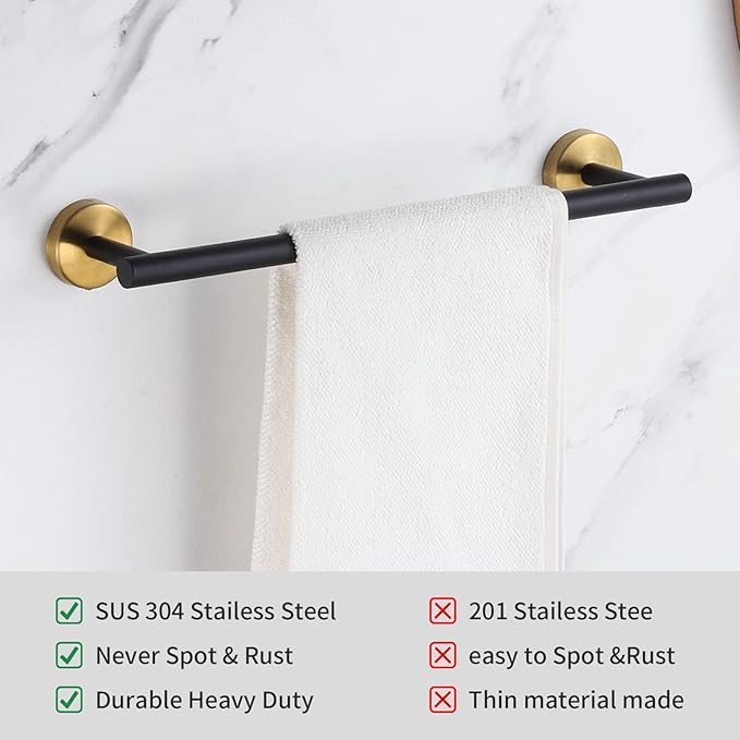 Bathroom Hardware Set Black and Gold,Towel Bar Set Including 2pcs 16inch Towel Bars, 2pcs Toilet Paper Holders, 2pcs Towel Rings and 4pcs Robe Towel Hooks