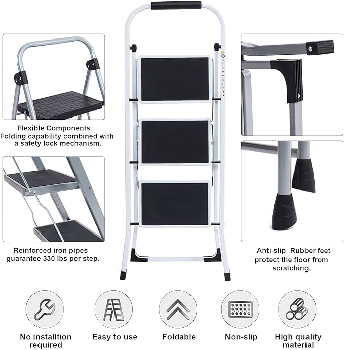 4-Step Ladders Folding Step Stool with Anti Slip Pedal and Handgrip Portable Sturdy Ladder for Home & Office 330 Lbs White
