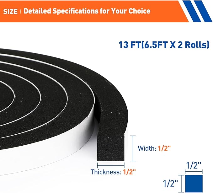 MAGZO Weather Stripping Door Seal, 1/2 Inch Wide X 1/2 Inch Thick Adhesive Foam Tape Soundproof Weatherstripping for Windows, 2 Rolls Total 13FT Black