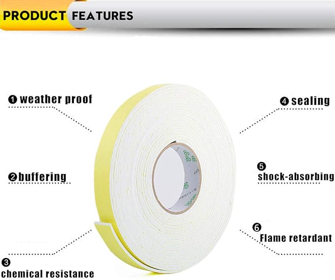 Foam Insulation Tape, Weather Stripping for Sliding Doors, Seal, HVAC, Windows, Pipes, Air Conditioning, Plumbing, High Density Foam Seal Tape (White, 33Ft x 1/8” x 1”)