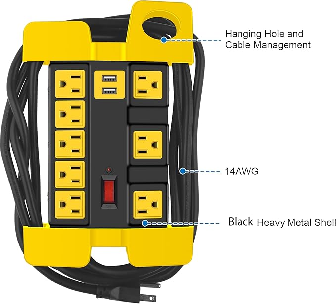 CCCEI Heavy Duty Power Strip with USB, Workshop 8 Outlet Surge Protector 2700 Joules, Industrial Metal 15Amp Power Strip, 12 FT Extension Cord and Wide Spaced Black.