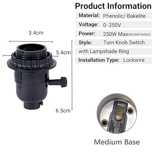 6 Pack Lamp Socket Replacement, Phenolic Medium Base Light Socket, E26 Screw Bulbs Edison Retro Pendant Lamp Holder, Lampshade Ring, 1/8 IP Thread Cap (Lamp Socket Turn Knob Swtich)