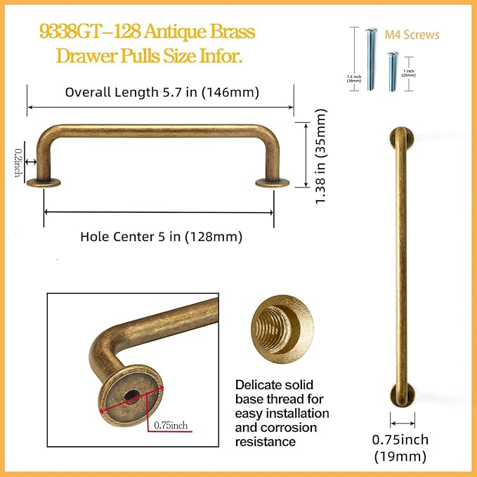 Goo-Ki 6 Pack Antique Brass Cabinet Pulls Zinc Alloy Hardware for Drawer Kitchen Cupboard - 5.04" c-c Vintage Bronze Bar Pull Retro Brass Handles