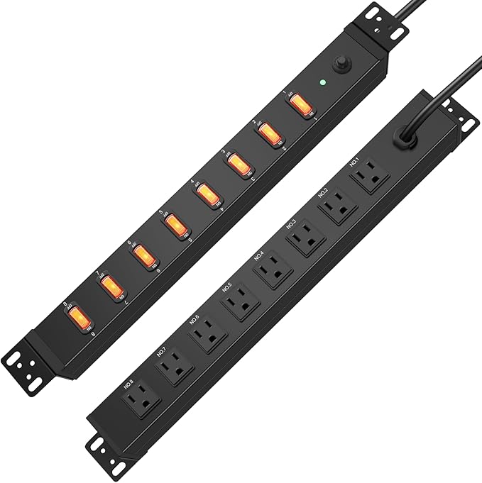 HHSOET 1U Rack Mount Surge Protection, 8 Outlet PDU Power Strip, Metal Mountable Outlet Strip with Switch, 15ft Power Cord.