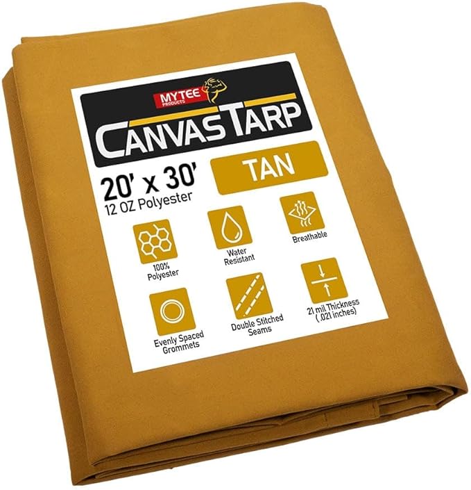Mytee Products 20' x 30' Tan 12oz Canvas Tarp with Grommets - Water Resistant - 21 Mile Heavy Duty Canvas Tarps - Multipurpose Tarpaulin Cover for Canopy Tent, Roof, Camping, Semi Trucks & Cargo