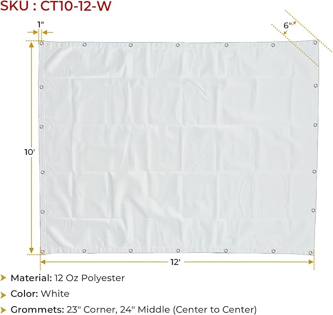 Mytee Products 10' x 12' White Canvas Tarp 12oz - Water Resistant & Breathable - Heavy Duty Tarps - Multipurpose Tarpaulin Cover for Camping Tent
