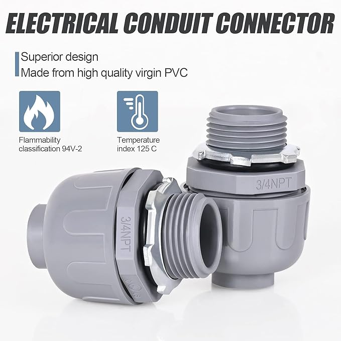 Liquid Tight Connector 3/4 in - Non-Metallic Electrical Conduit Fittings, UL Listed PVC Conduit Fitting (Straight, 10 Pack), Gray