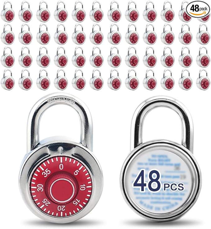 LanuBe Standard Dial Combination Lock, 2 in. Wide, with Different Combinations, Red Turnplate, Pack of 48; Lock for School, Employee, Gym Sports Locker, Case, Toolbox, and so on