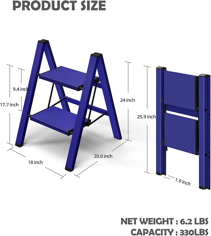 Taranta 2 Step Ladder,Aluminum Lightweight Folding 2 Step Stool with Anti-Slip Wide Pedal,330lbs Capacity Step Ladder for Household,Kitchen,Office - Blue