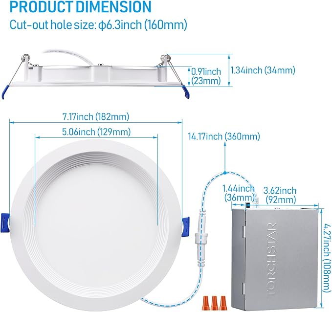 TORCHSTAR 8-Pack 5CCT 6 Inch Slim LED Recessed Lighting with Junction Box, Anti-Glare Baffle Trim, CRI90 Dimmable Aluminum Ceiling Downlight, Air Tight & IC Rated, 2700K3000K3500K4000K5000K Selectable