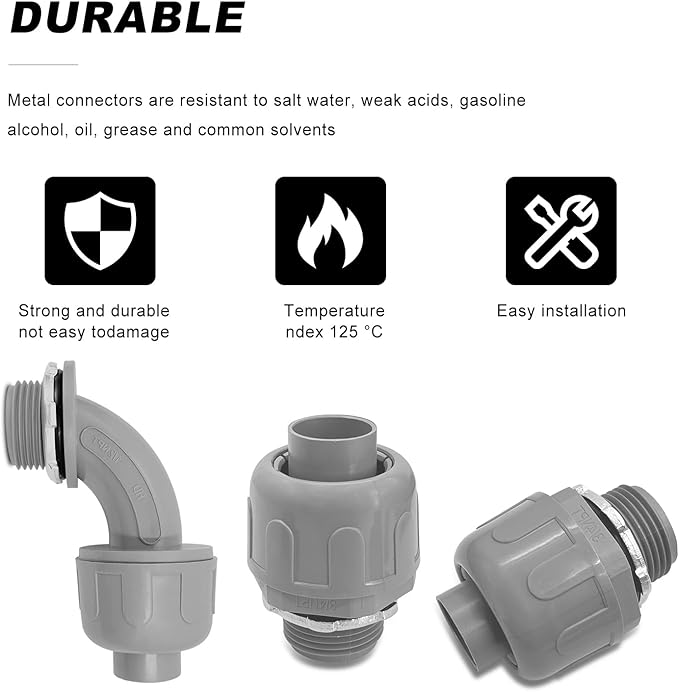 3/4 inch Liquid Tight Connector PVC Flexible Conduit Connector Kit,UL Listed,180 Degree and 90 Degree Connector Fittings 20 Pack(10 Pcs 180D/10 Pcs 90D)
