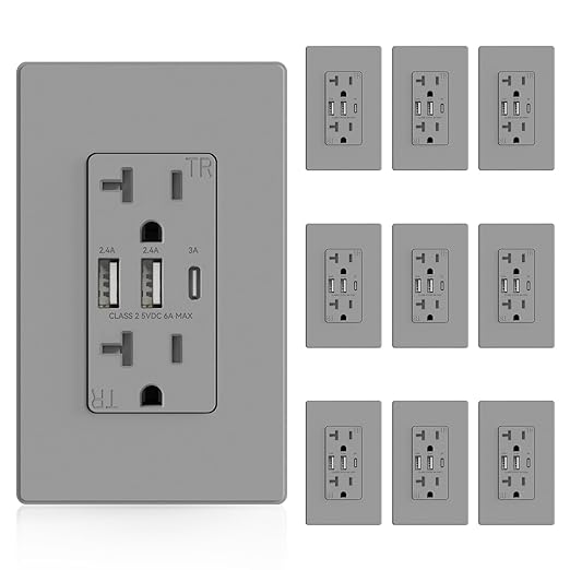 ELEGRP USB Outlets Receptacles, 3-Port Wall Outlet, 30W 6.0A Electrical Outlet, 15 Amp Tamper-Resistant Outlet with Type C Ports, UL Listed, Wall Plate Included, 10 Pack, Matte Gray
