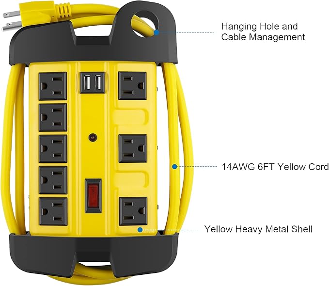 Heavy Duty Power Strip with USB, Workshop 8 Outlet Surge Protector 2700 Joules, Industrial Metal 15Amp Power Strip, 6FT Extension Cord and Wide Spaced. Yellow