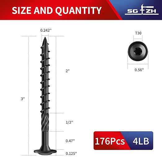 #14 x 3 Inch Lag Screws (176Pcs) 4lb. Structural Wood Screw, Black, Carbon Steel, Washer Head, Rust Resistant epoxy Coated, T30 Star Bit