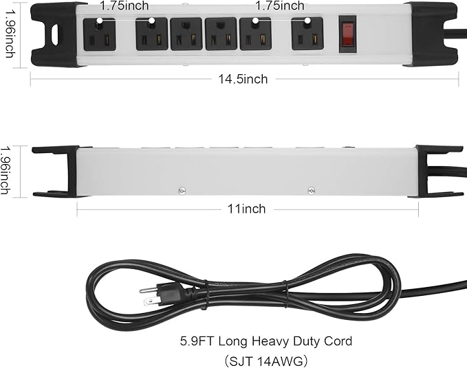 Heavy Duty Surge Protector, 6 Outlet Industrial Power Strip with 15A, Shop Workshop Garden Metal Power Strip with 6FT Cord 1200 Joules ETL Listed.