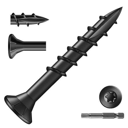 #8 x 1-1/4" Deck Screws (183Pcs) 1lb. Exterior Wood Screws. Carbon Steel, Black, Flat Head, Rust Resistant epoxy Coated, with T25 Star Bit