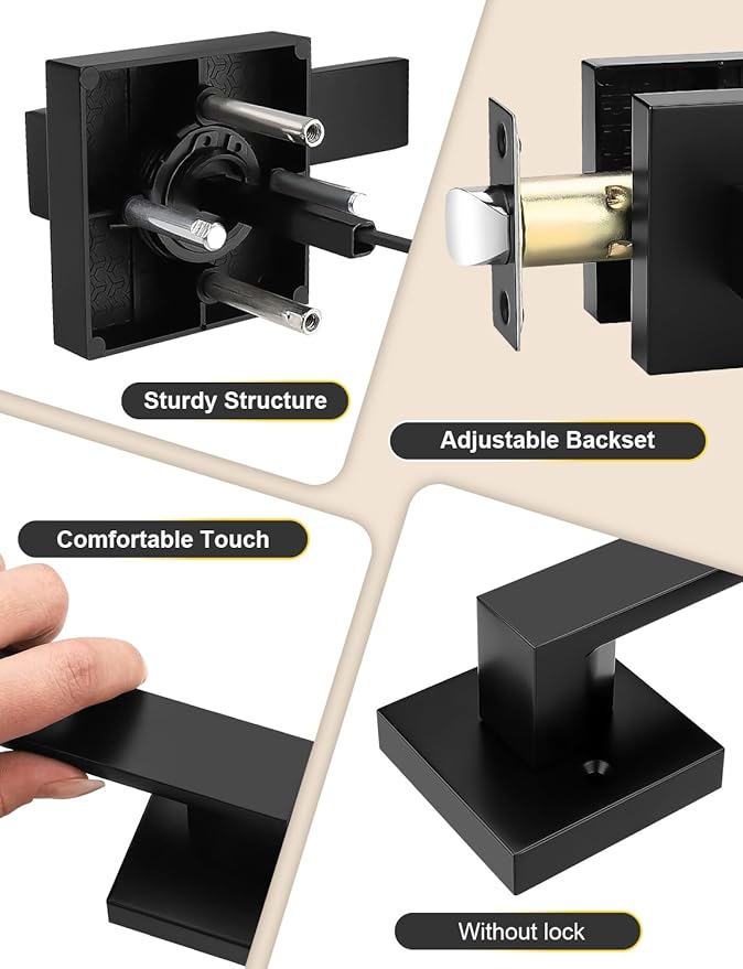 Square Black Door Handles Interior, No Lock Passage Door Lever for Left or Right Handing, Heavy Duty Matte Black Closet Door Handle Set, 1 Pack