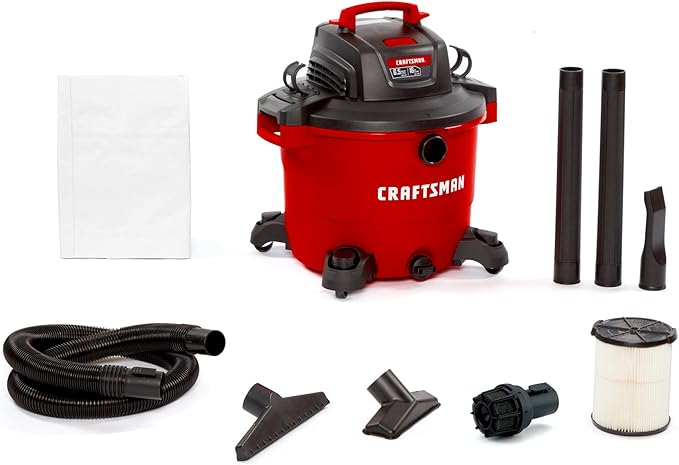 CRAFTSMAN CMXEVBE18695 16 Gallon 6.5 Peak HP Wet/Dry Shop Vac, Heavy-Duty Shop Vacuum Wet and Dry with Filter, Muffler/Diffuser, Dust Bag, Hose and Attachments for Home Projects & Renovations