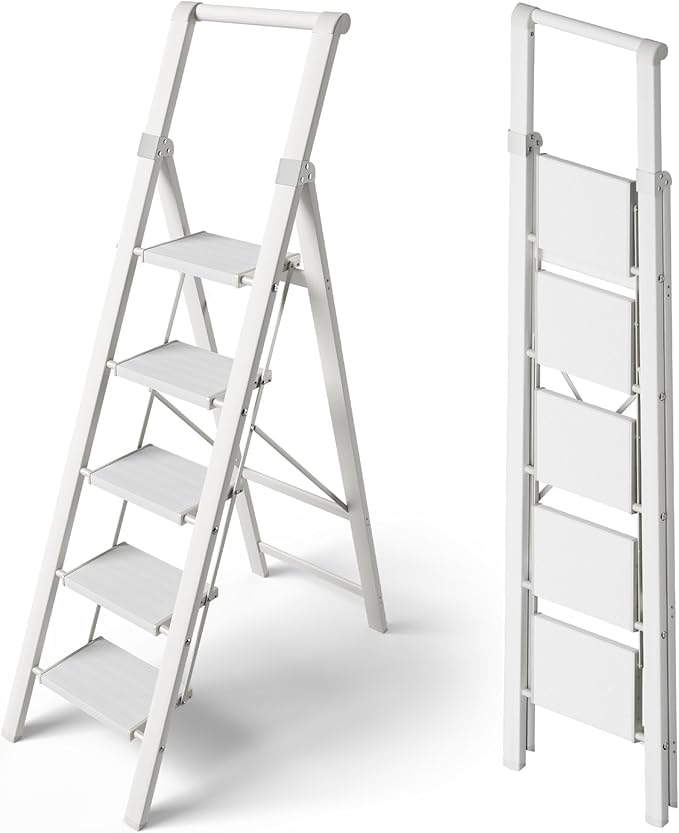 Taranta 5 Step Ladder, Portable Folding Ladder with Wide Pedal, Lightweight Aluminum Step Stool with Convenient Handgrip, 330 lbs Capacity Stepladder for Home, Office - White