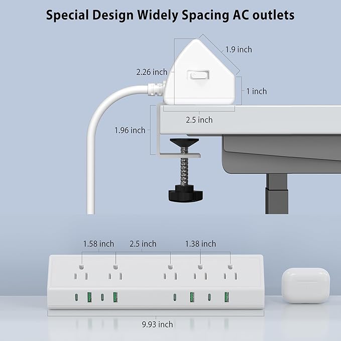 45W Fast Charging Station,Desk Clamp Power Strip,4 PD USB-C Ports,5 AC Outlets,Surge Protector Power Strip, 14AWG Heavy Duty Cord, Fits 1.9" Tabletop Edge (White, 20 FT Cable)