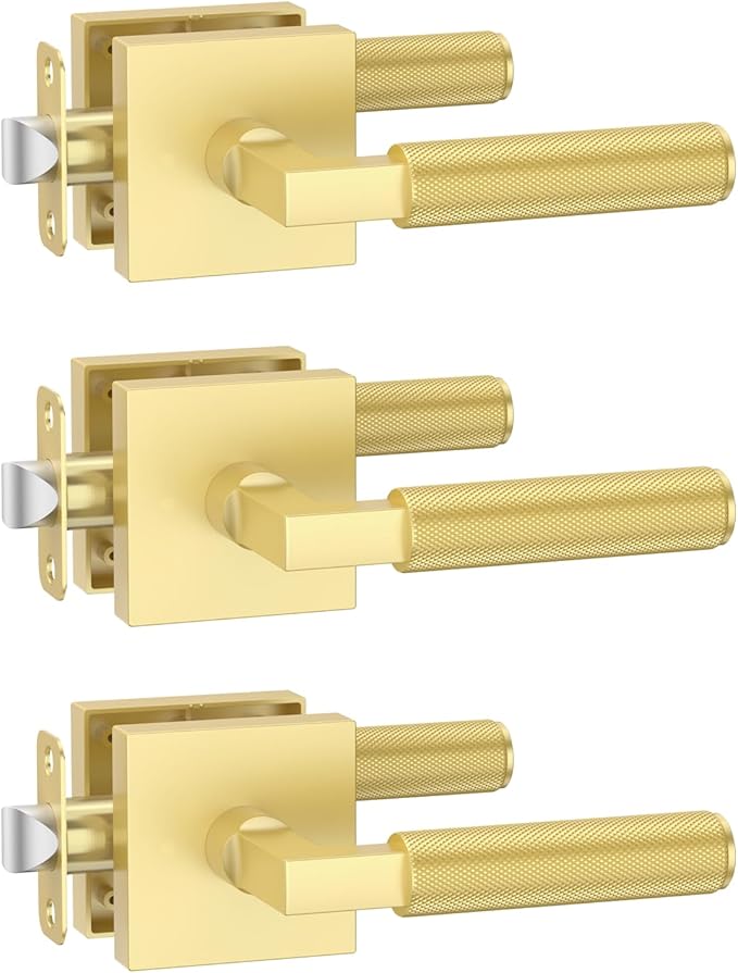 Amerdeco 3 Pack Brushed Gold Passage Door Handles,Heavy Duty Non-Locking Door Lever for Hall, Closet,Office Area, Shopping Malls AM0021