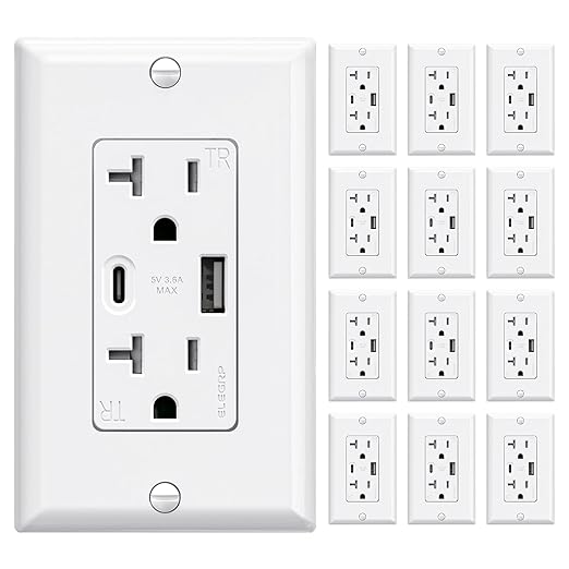 ELEGRP USB Wall Outlets 12 Pack, 20 Amp USB C Wall Outlets Receptacles, Outlets with USB A and USB C Ports, Tamper Resistant Receptacle, Wall Plate Included, UL Listed, White