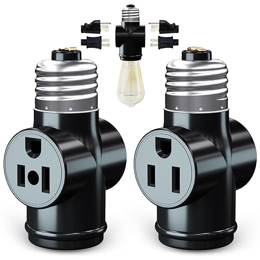 2 Pack, Light Socket to Plug Adapter, Convert E26 Light Socket to 3-Prong Outlet Adapter and Light Bulb Socket (Black)