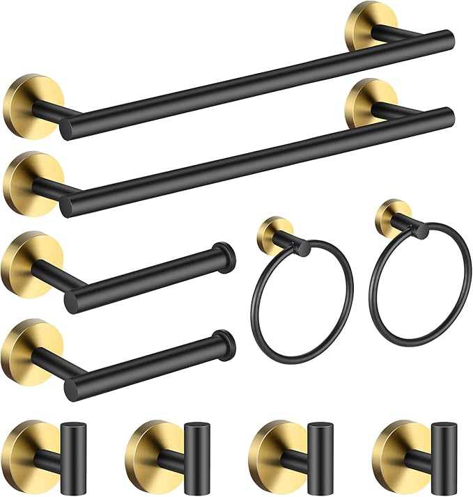 Bathroom Hardware Set Black and Gold,Towel Bar Set Including 2pcs 16inch Towel Bars, 2pcs Toilet Paper Holders, 2pcs Towel Rings and 4pcs Robe Towel Hooks
