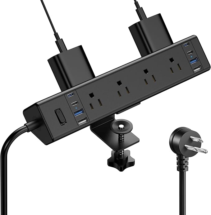 40W Fast Charging Station,Desk Clamp Power Strip 20W USB C,8 Outlets,8 USB Ports,4 USB C and 4 USB A, Office Furniture Surge Protector, 14AWG Cord, Fits 1.9" Tabletop Edge (Black, 10FT Length)